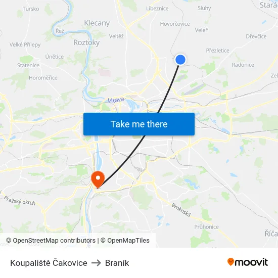 Koupaliště Čakovice to Braník map