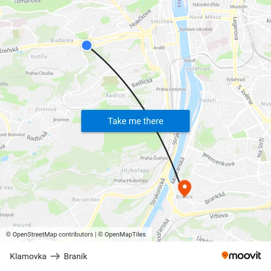 Klamovka to Braník map