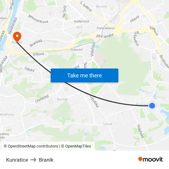 Kunratice to Braník map