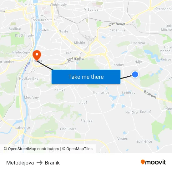 Metodějova to Braník map