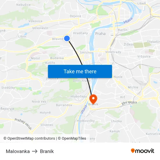 Malovanka to Braník map