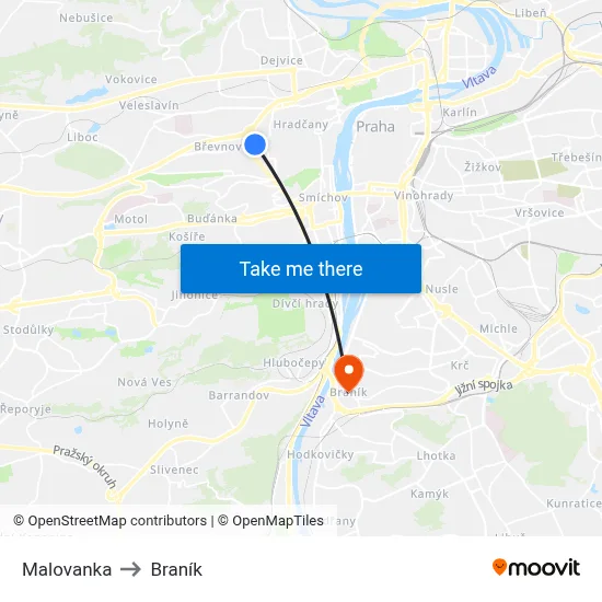 Malovanka to Braník map