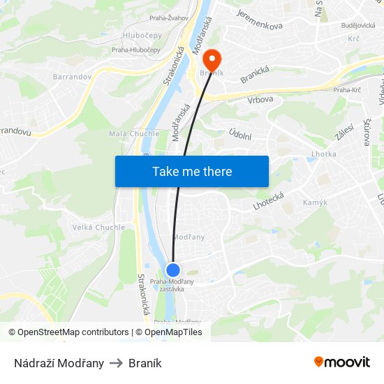 Nádraží Modřany to Braník map