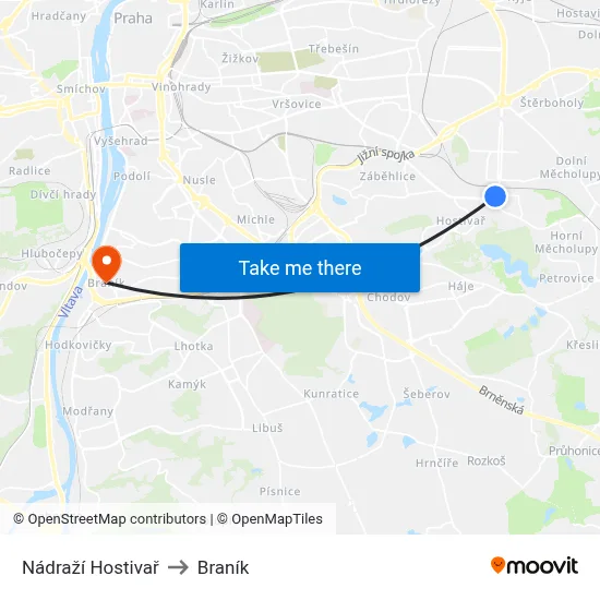 Nádraží Hostivař to Braník map