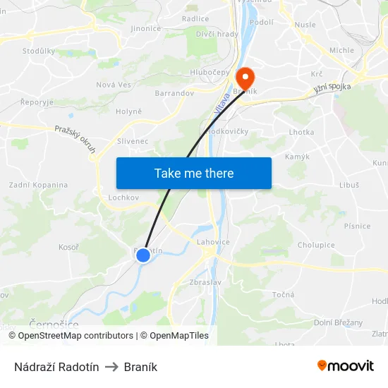 Nádraží Radotín to Braník map