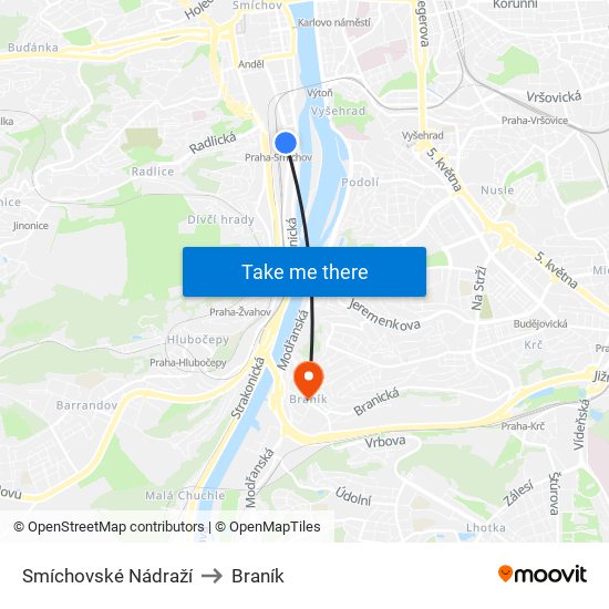 Smíchovské Nádraží to Braník map
