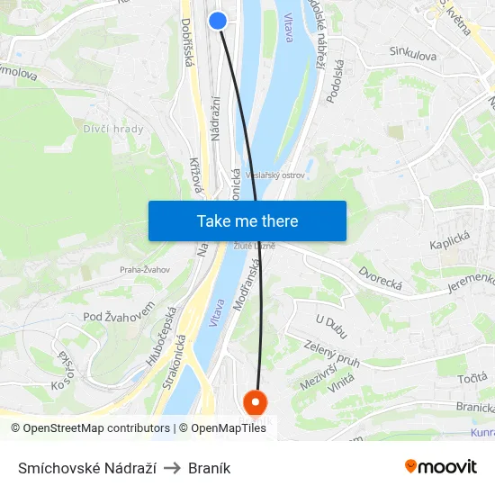 Smíchovské Nádraží to Braník map