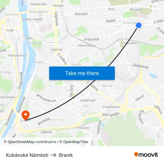 Kubánské Náměstí to Braník map