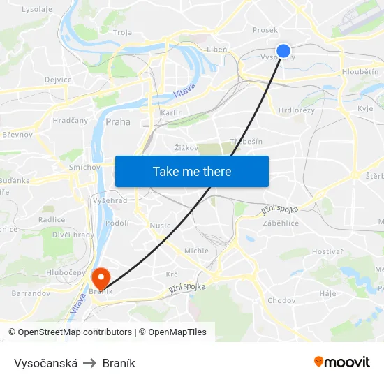 Vysočanská to Braník map