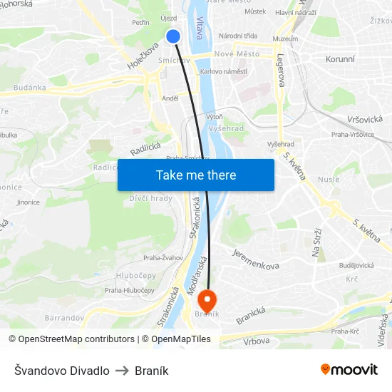 Švandovo Divadlo to Braník map
