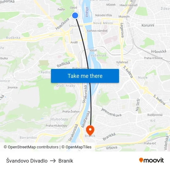 Švandovo Divadlo to Braník map