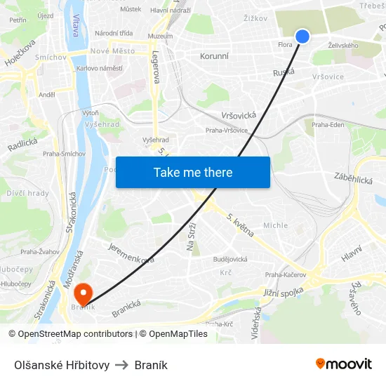 Olšanské Hřbitovy to Braník map