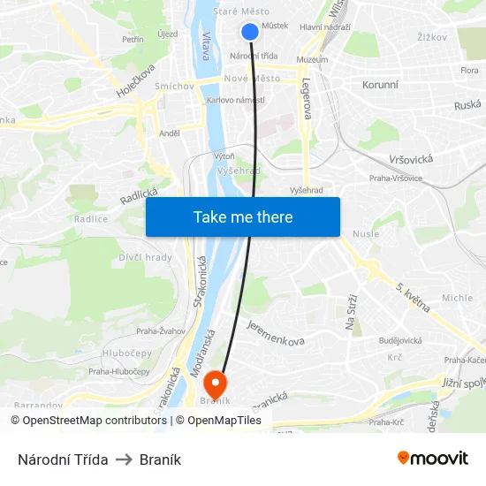 Národní Třída to Braník map