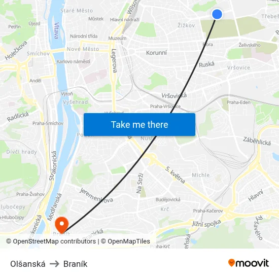 Olšanská to Braník map