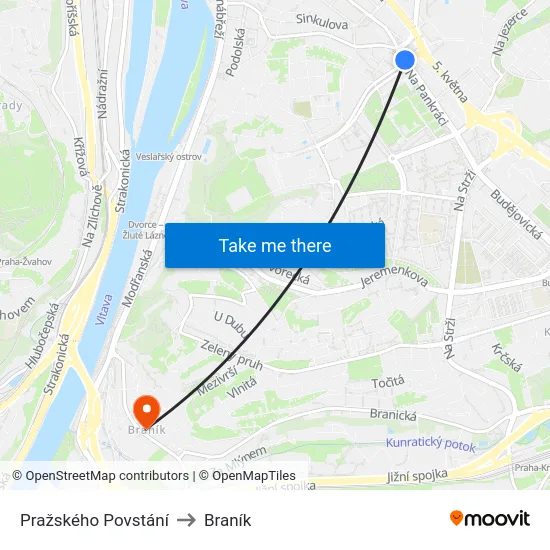 Pražského Povstání to Braník map