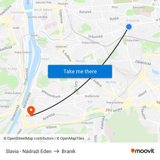 Slavia - Nádraží Eden to Braník map