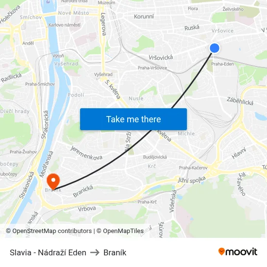Slavia - Nádraží Eden to Braník map