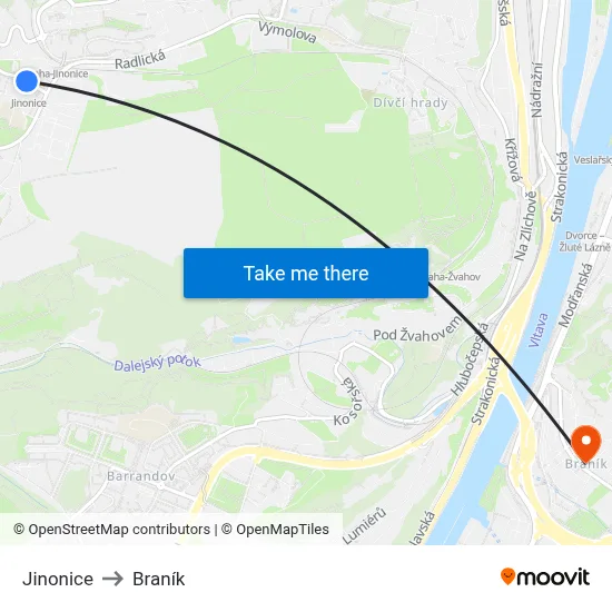 Jinonice to Braník map