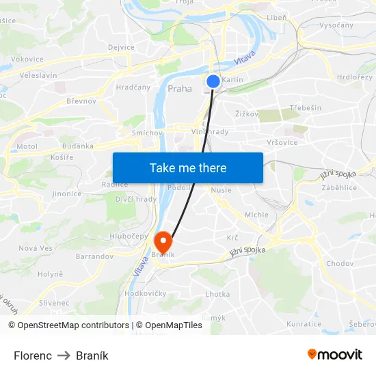 Florenc to Braník map