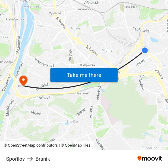 Spořilov to Braník map