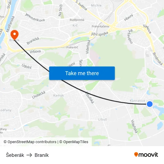 Šeberák to Braník map