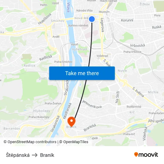 Štěpánská to Braník map