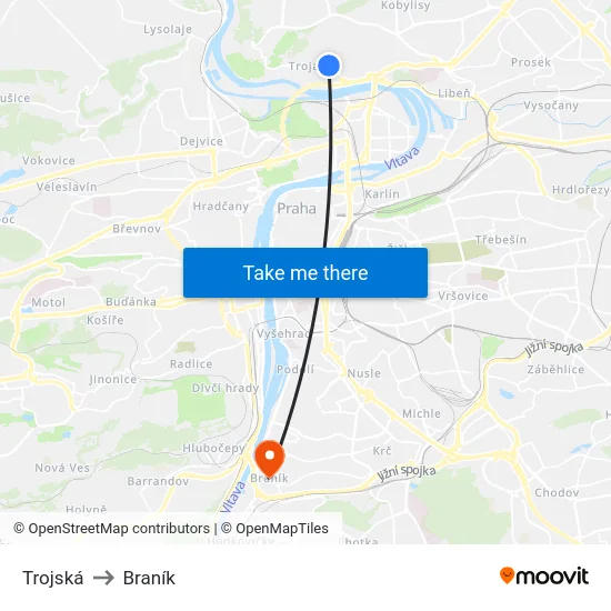 Trojská to Braník map