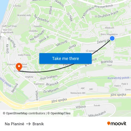 Na Planině to Braník map