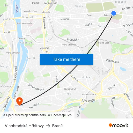 Vinohradské Hřbitovy to Braník map