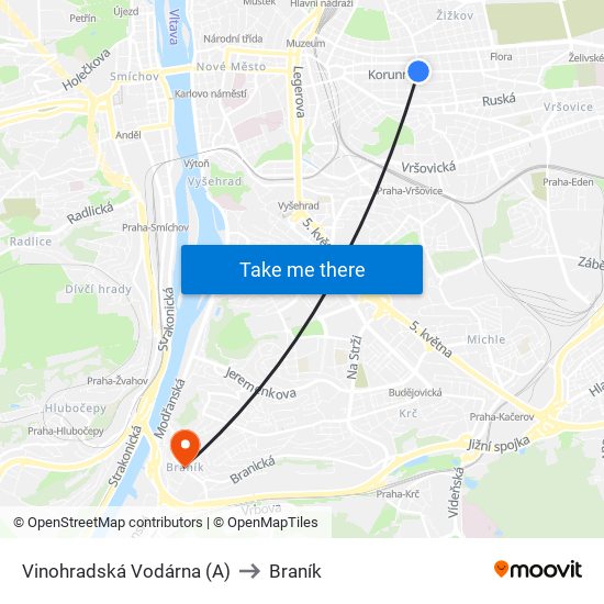 Vinohradská Vodárna (A) to Braník map