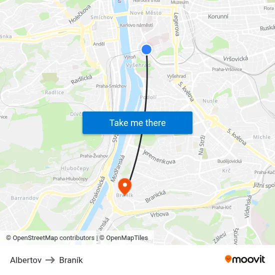 Albertov to Braník map