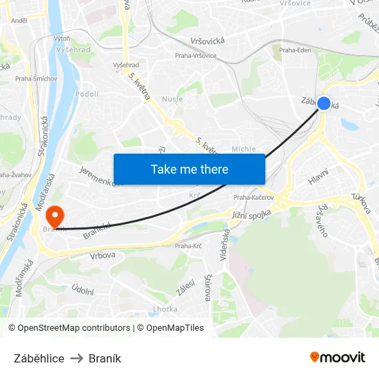 Záběhlice to Braník map