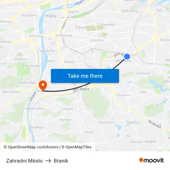 Zahradní Město to Braník map