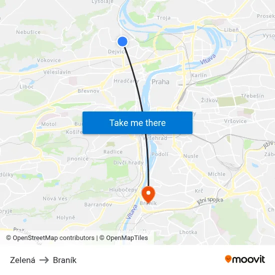 Zelená to Braník map