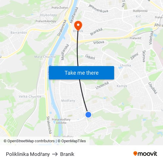 Poliklinika Modřany (A) to Braník map