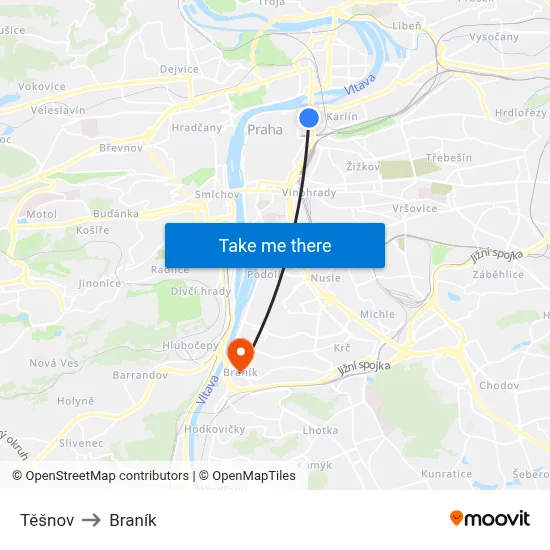 Těšnov to Braník map