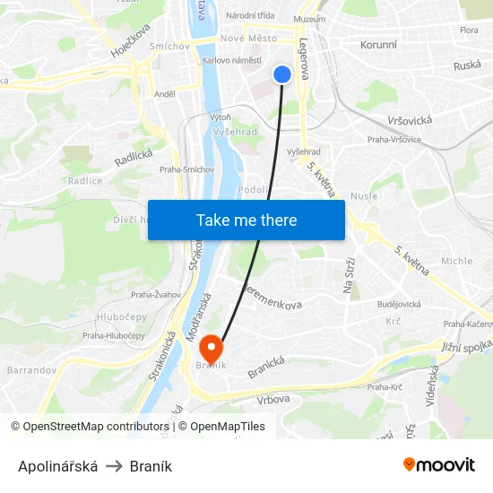 Apolinářská to Braník map