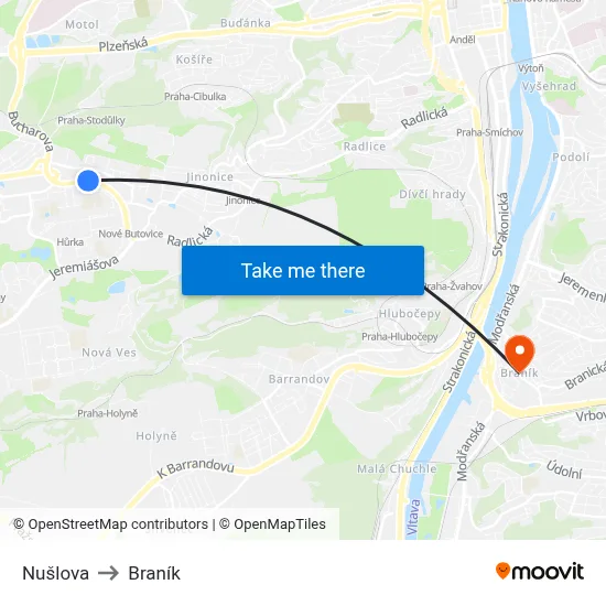 Nušlova to Braník map