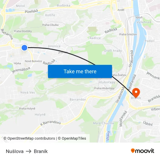 Nušlova to Braník map