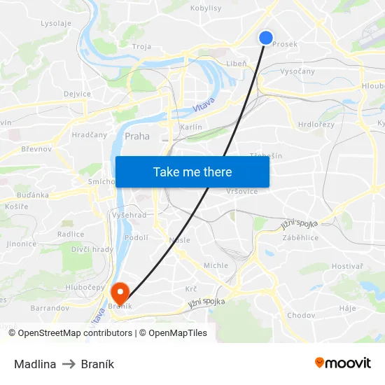 Madlina to Braník map