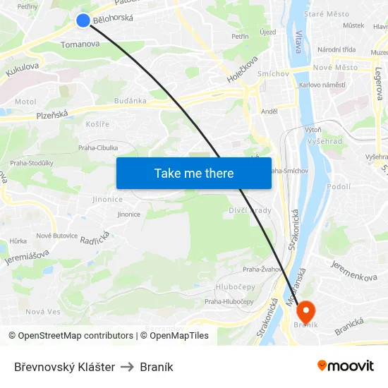 Břevnovský Klášter to Braník map