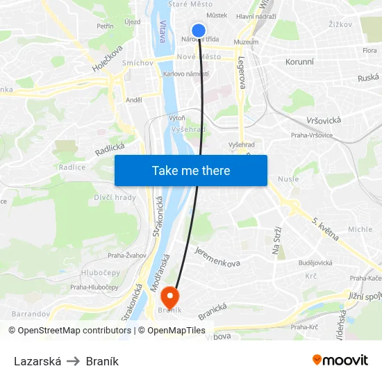 Lazarská to Braník map