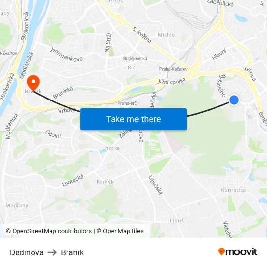 Dědinova to Braník map