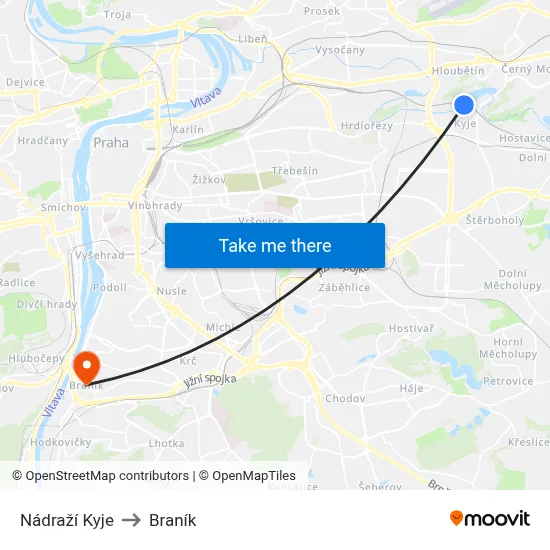Nádraží Kyje to Braník map