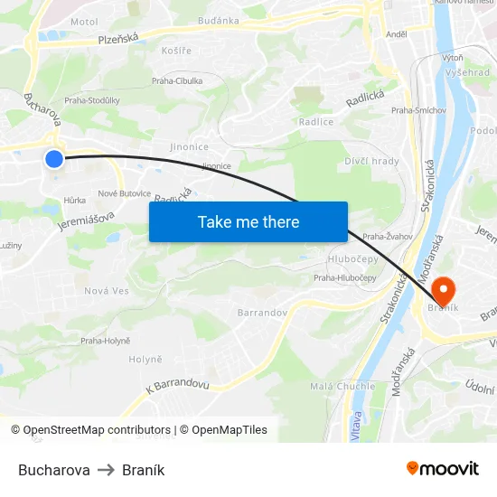 Bucharova to Braník map