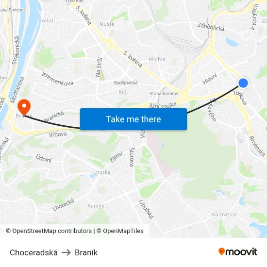 Choceradská to Braník map