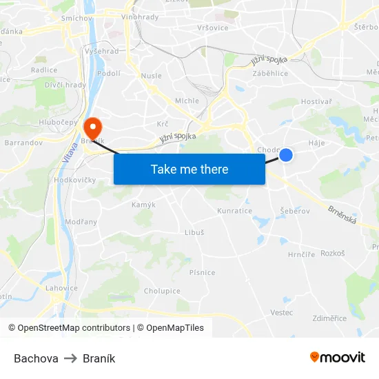 Bachova to Braník map