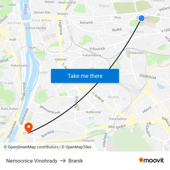 Nemocnice Vinohrady to Braník map