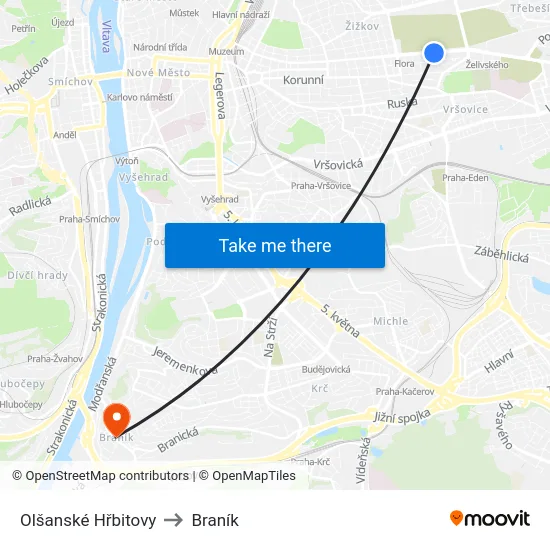 Olšanské Hřbitovy to Braník map