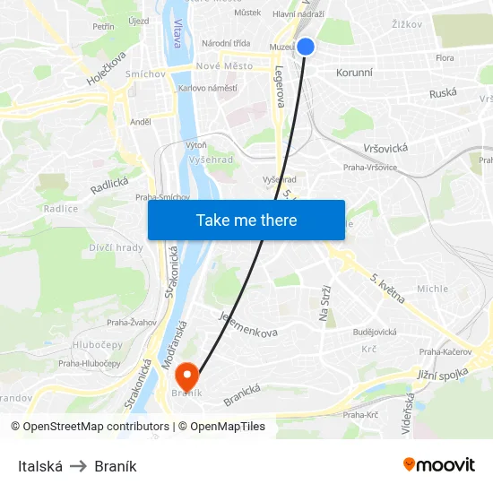 Italská to Braník map